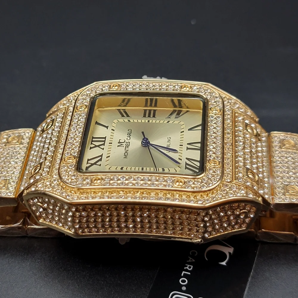 Men’s Gold Tone Iced Out Pavé MC Montres Carlo Bling Watch – Roman Numerals 45mm